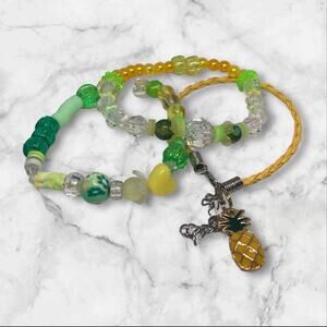 Stretch Leather Charm Bracelets Unique Pineapple Charm Tropical Beachy Handmade